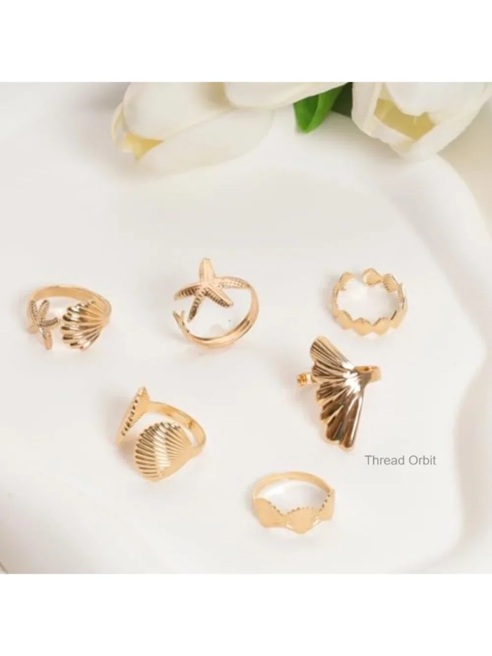 6pcs Gold Seashell Rings Stacking Starfish Wave Beach Jewelry Set